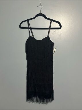Black Fringe Slip Dress with Spaghetti Straps - Small